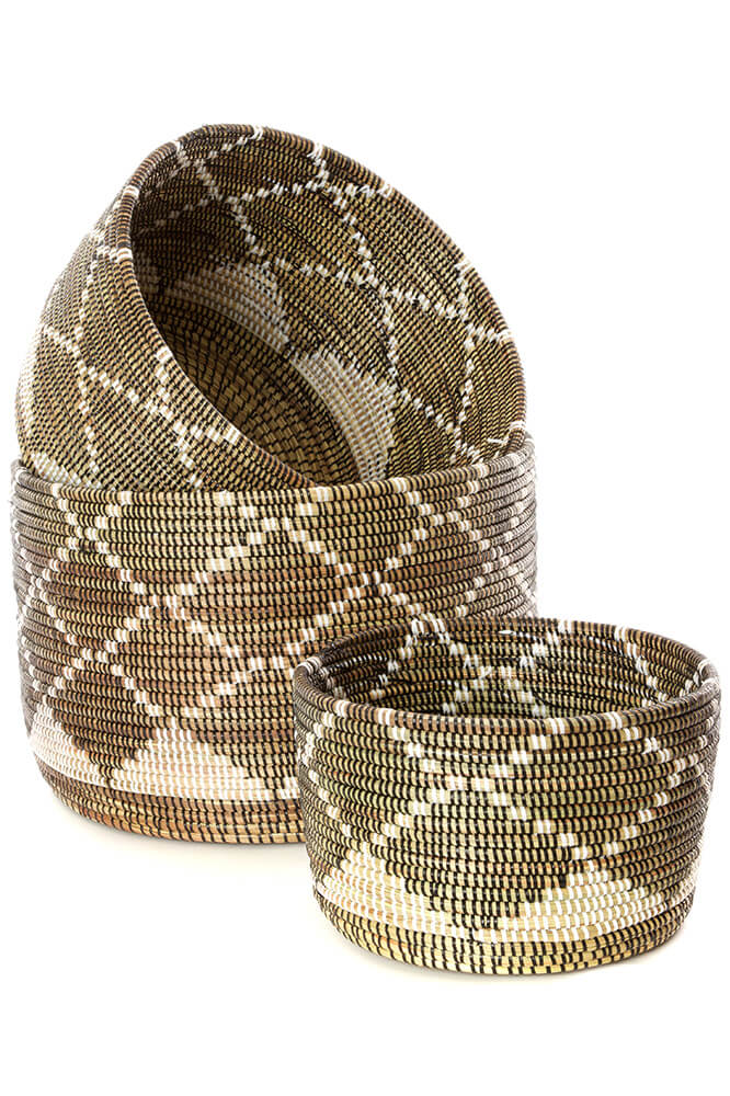 Swahili African Modern Set of 3 Nesting Diamond Design Baskets